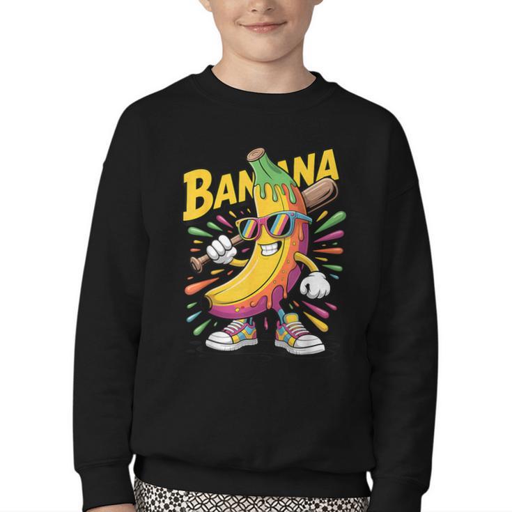 Banana Baseball Cartoon Cool Sports Kids Teens Youth Crewneck Sweatshirt