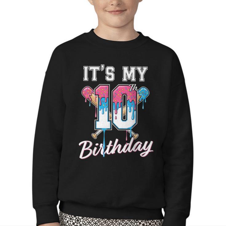 Baseball 10 Year Old Ice Cream Drip 10th Birthday Boys Youth Crewneck Sweatshirt