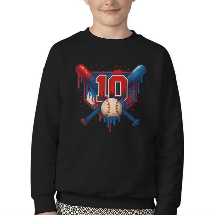 Baseball 10 Year Old Splash Drip 10th Birthday Boy Number 10 Youth Crewneck Sweatshirt