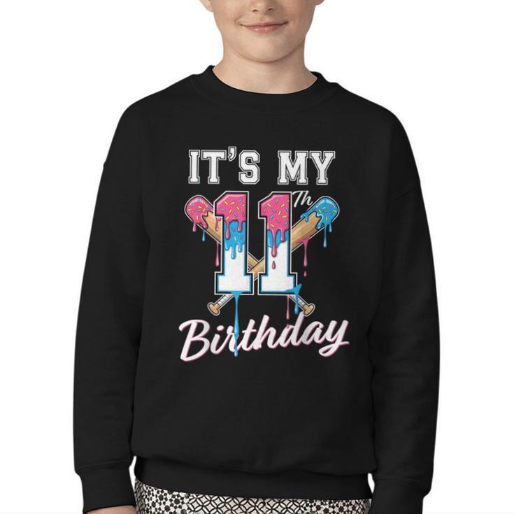 Baseball 11 Year Old Ice Cream Drip 11th Birthday Boys Youth Crewneck Sweatshirt