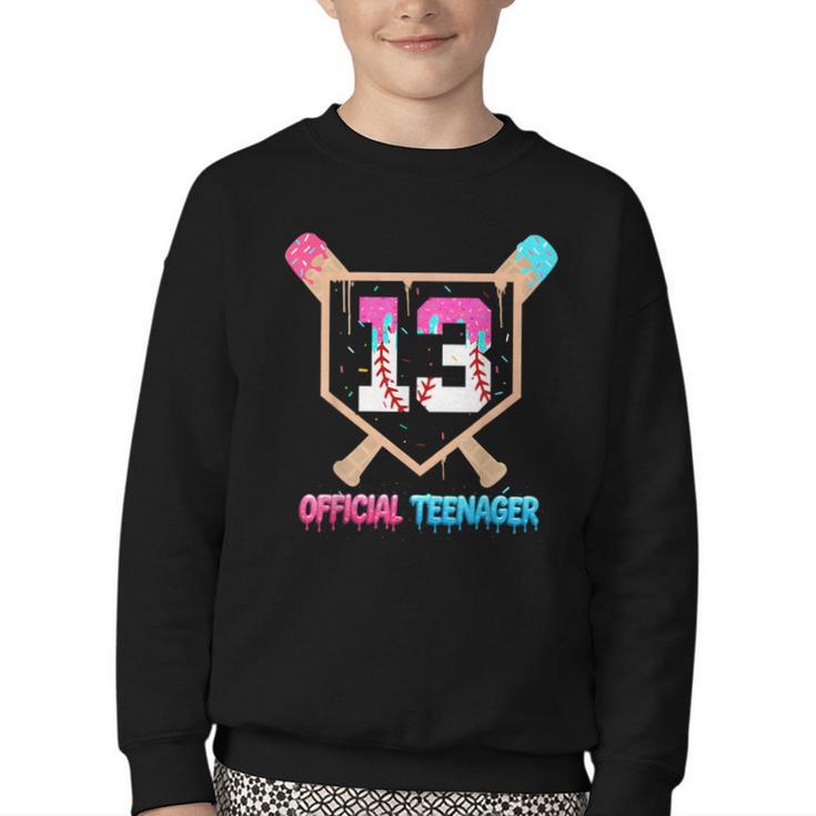 Baseball 13 Year Ice Cream Drip 13th Bday Official Teenager Youth Crewneck Sweatshirt