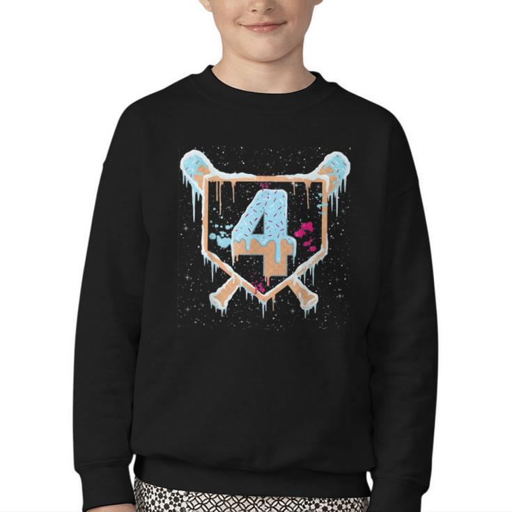 Baseball 4 Year Old Ice Cream Drip 4th Birthday Boy Number 4 Youth Crewneck Sweatshirt