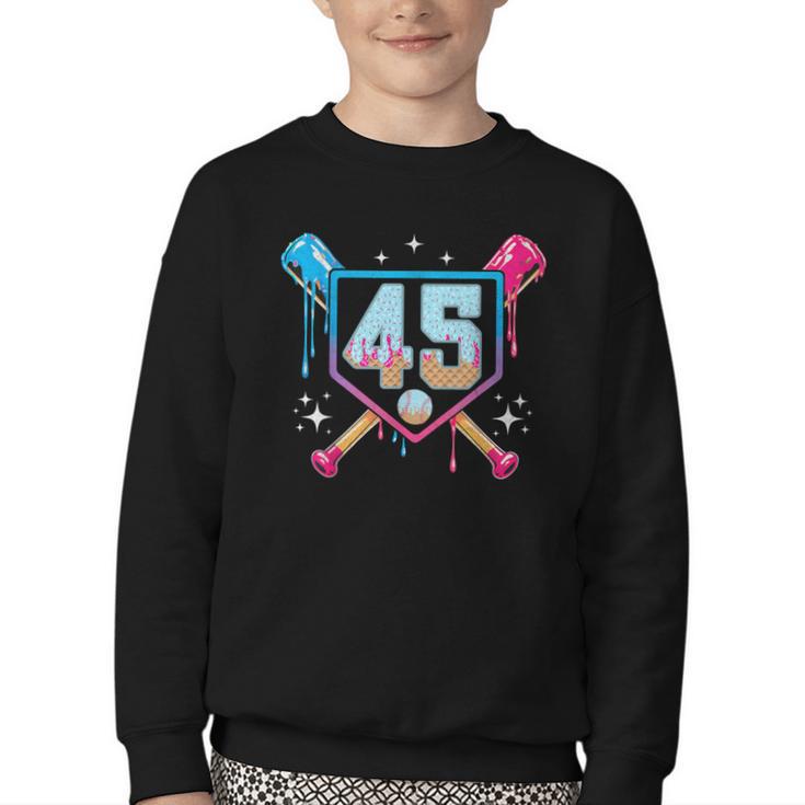 Baseball 45 Year Old Ice Cream Drip 45th Birthday Number 45 Youth Crewneck Sweatshirt