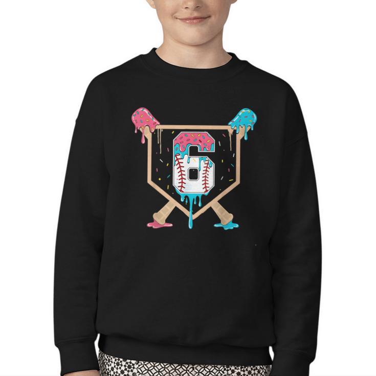 Baseball 6 Year Old Ice Cream Drip 6th Birthday Boys Player Youth Crewneck Sweatshirt