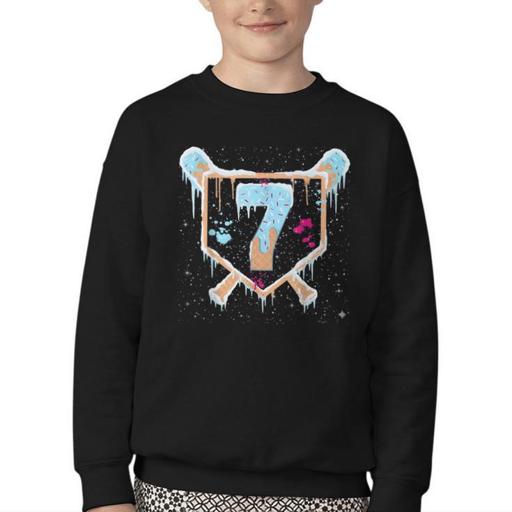 Baseball 7 Year Old Ice Cream Drip 7th Birthday Boy Number 7 Youth Crewneck Sweatshirt