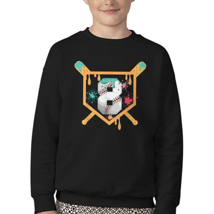 Baseball 8 Year Old Ice Cream Drip 8th Birthday Boy Number 8 Youth Crewneck Sweatshirt