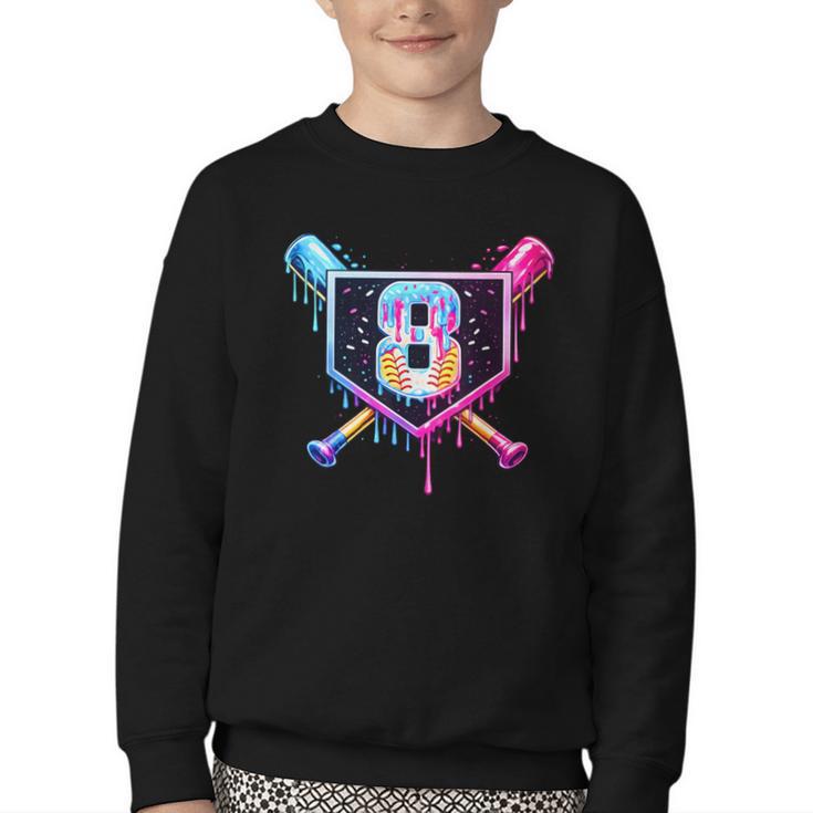 Baseball 8 Year Old Ice Cream Drip 8th Birthday Party Youth Crewneck Sweatshirt