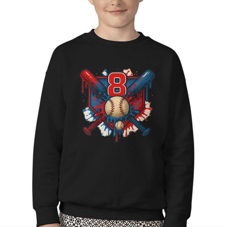 Baseball 8 Year Old Splash Drip 8th Birthday Boy Number 8 Youth Crewneck Sweatshirt