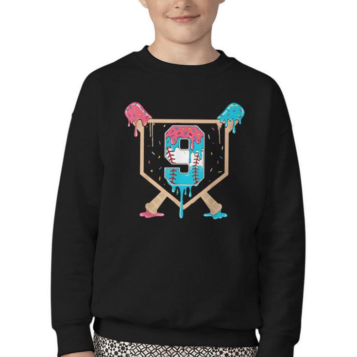 Baseball 9 Year Old Ice Cream Drip 9th Birthday Boys Player Youth Crewneck Sweatshirt