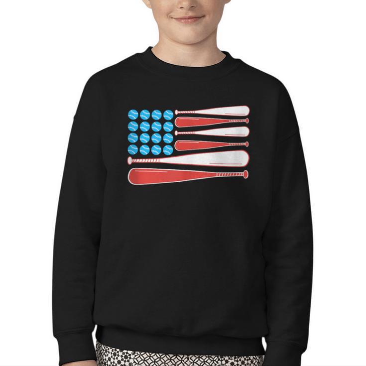 Baseball American Flag Patriotic USA Pride Youth Crewneck Sweatshirt