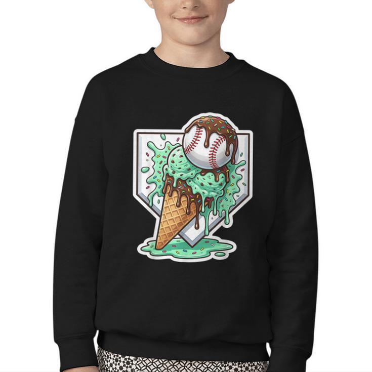 Baseball Boys Ice Cream Drip Baseball Boys Youth Mint Choco Youth Crewneck Sweatshirt