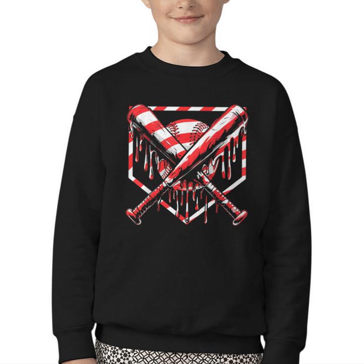 Baseball Candy Cane Christmas Baseball Ice Cream Drip Boys Youth Crewneck Sweatshirt