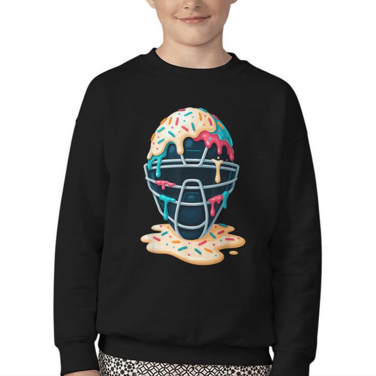 Baseball Catcher Mask Ice Cream Dripping Baseball Boy Youth Youth Crewneck Sweatshirt