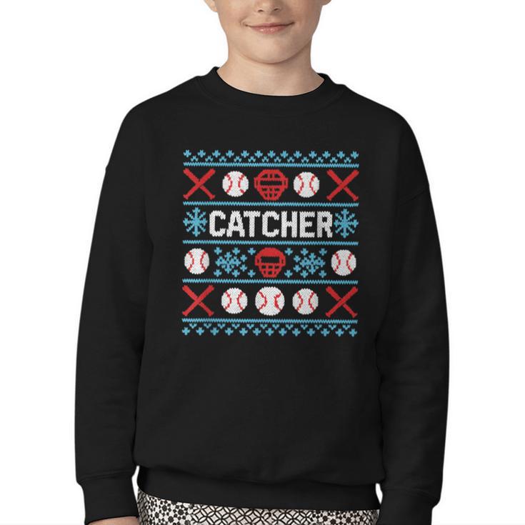 Baseball Catcher Ugly Christmas Sweater Pattern Sports Xmas Youth Crewneck Sweatshirt