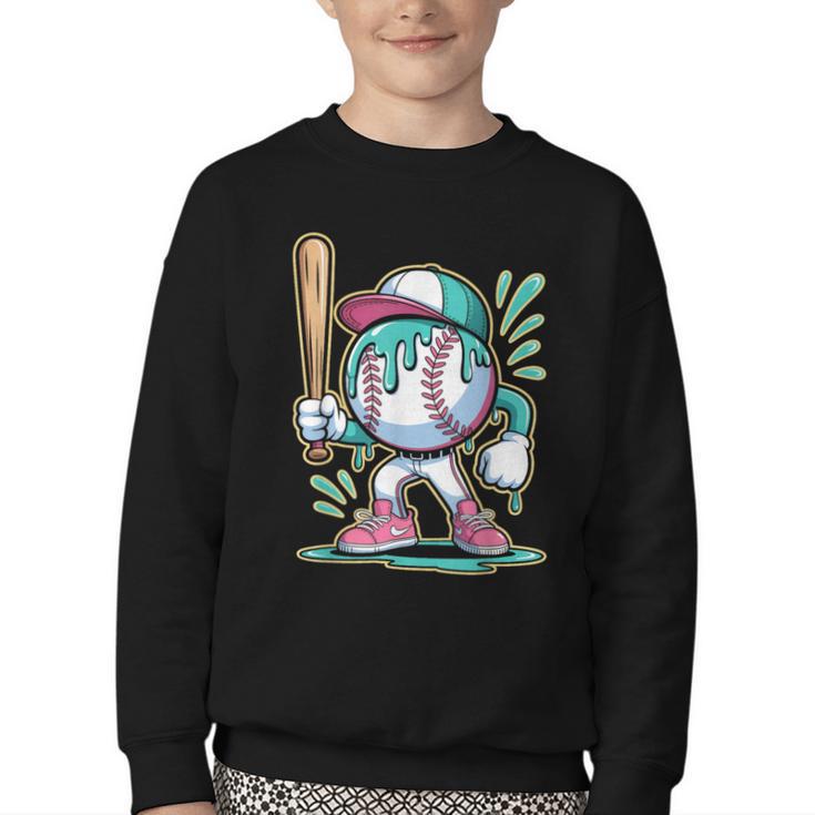 Baseball Character Cartoon Batter Drip Style Women Men Youth Crewneck Sweatshirt