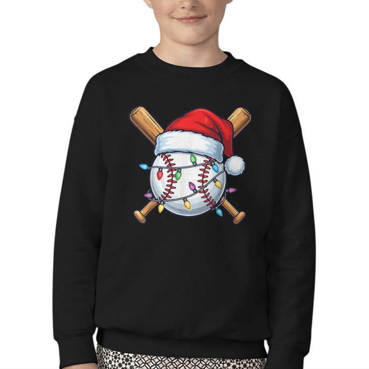 Baseball Christmas Lights Santa Christmas Baseball Player Youth Crewneck Sweatshirt