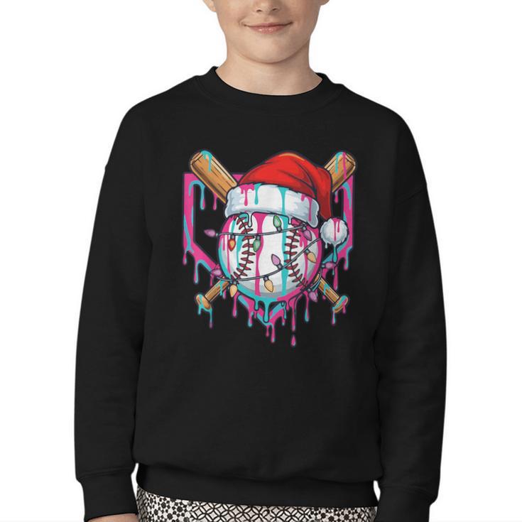 Baseball Christmas Santa Hat Baseball Christmas Drip Youth Crewneck Sweatshirt