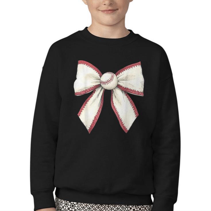 Baseball Coquette Bow Cute Baseball Game Youth Crewneck Sweatshirt