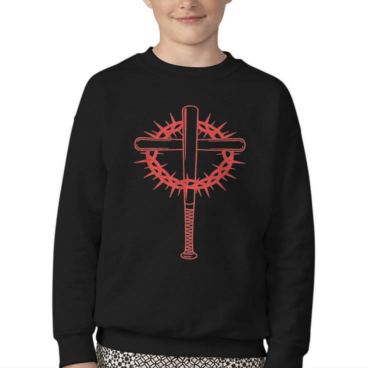 Baseball Cross Bats Pitcher Jesus Faith Youth Crewneck Sweatshirt