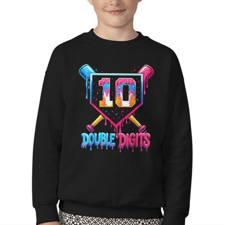 Baseball Drip 10th Birthday Boy Double Digits Ice Cream Drip Youth Crewneck Sweatshirt