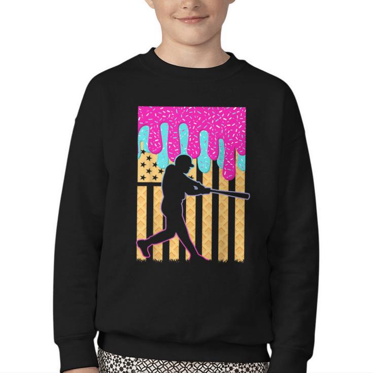 Baseball Drip Bat Boys Ice Cream American Flag 4th Of July Youth Crewneck Sweatshirt