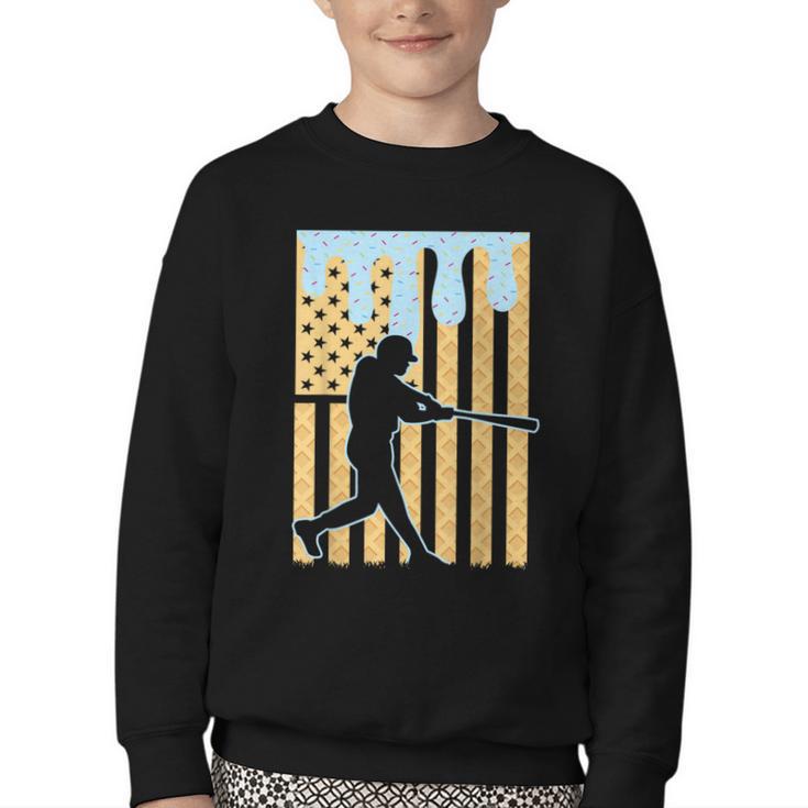 Baseball Drip Boys Dripping Ice Cream Baseball American Flag Youth Crewneck Sweatshirt