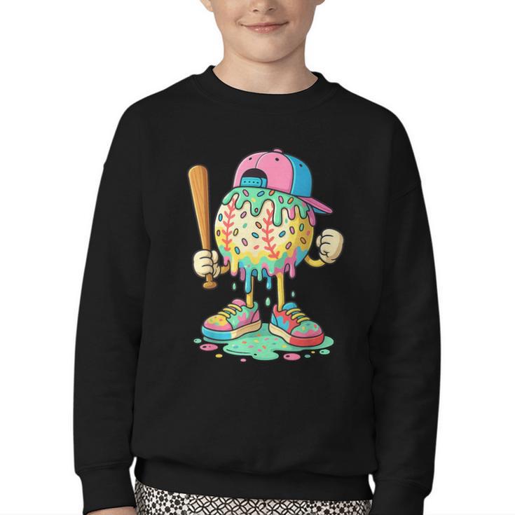 Baseball Drip For Boys Ice Cream Drip Baseball Sport Youth Crewneck Sweatshirt