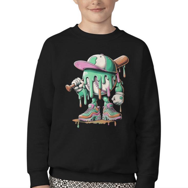Baseball Drip For Boys Ice Cream Drip Baseball Youth Crewneck Sweatshirt