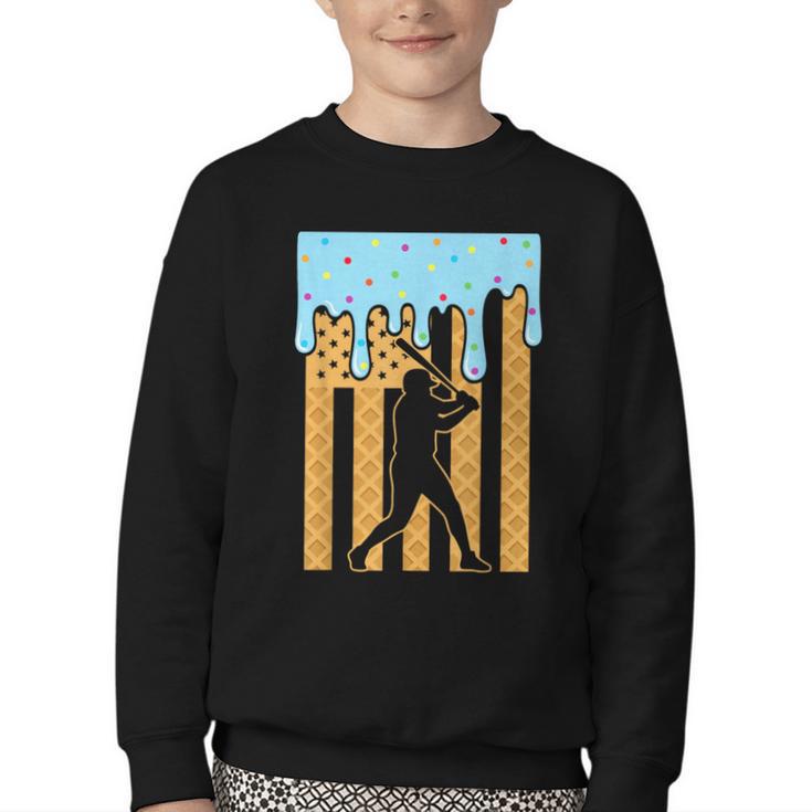 Baseball Drip Dripping Ice Cream Sport Player American Flag Youth Crewneck Sweatshirt