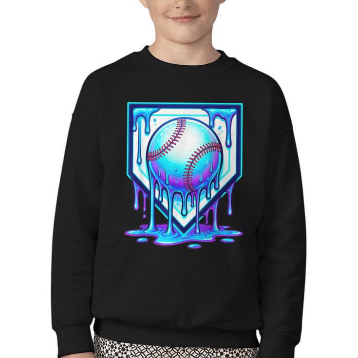 Baseball Drip Ice Cream Blue Glow Melt Ball Graphic Youth Crewneck Sweatshirt