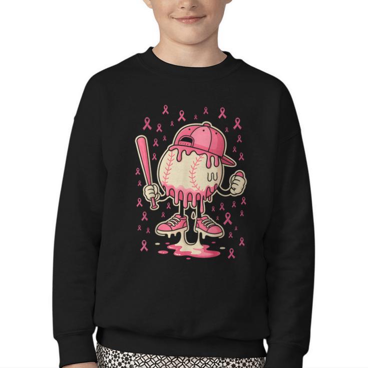 Baseball Drip Ice Cream Breast Cancer Awareness Boys & Girls Youth Crewneck Sweatshirt