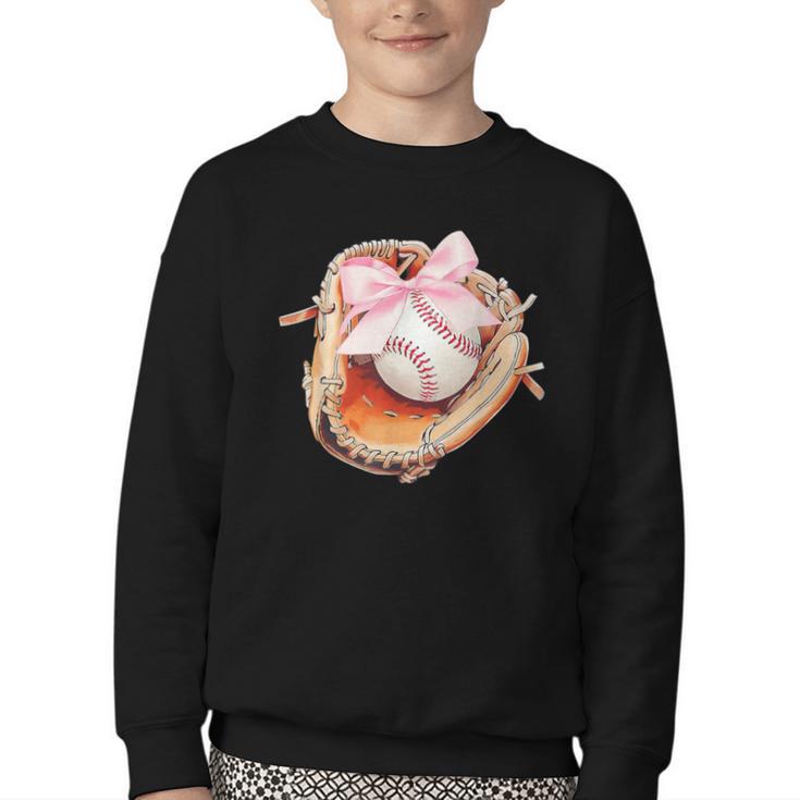 Baseball Drip Ice Cream Coquette Pink Bow Baseball Player Youth Crewneck Sweatshirt