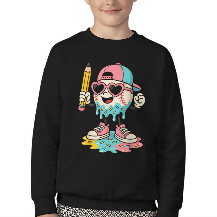 Baseball Drip Ice Cream First Day Back To School Cute Girls Youth Crewneck Sweatshirt