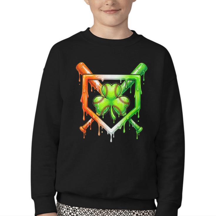 Baseball Drip Ice Cream St Patricks Day Shamrock Youth Crewneck Sweatshirt