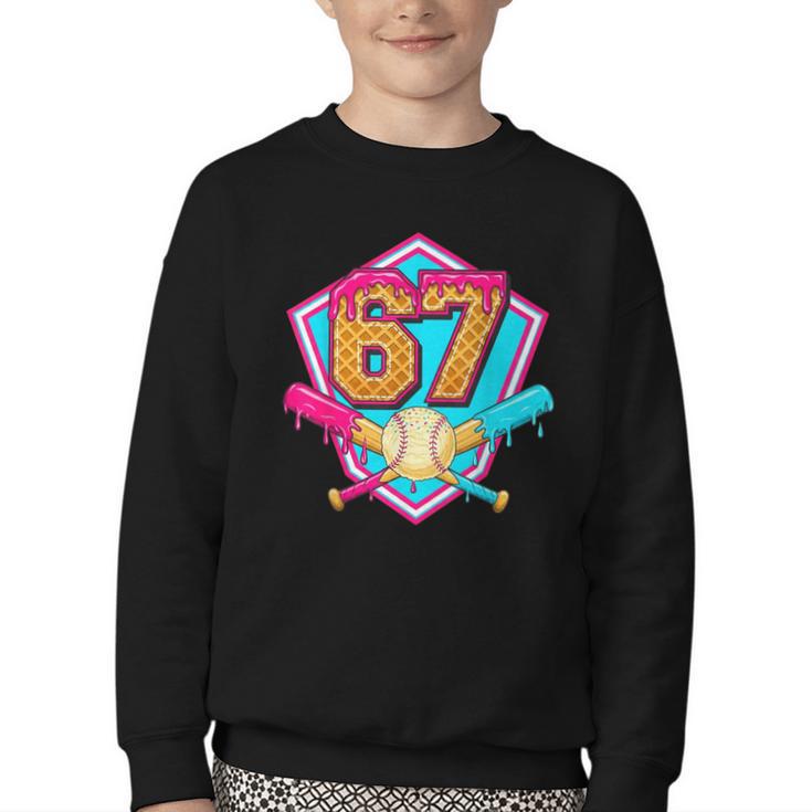 Baseball Drip Jersey Number 67 For Players & 67th Birthday Youth Crewneck Sweatshirt