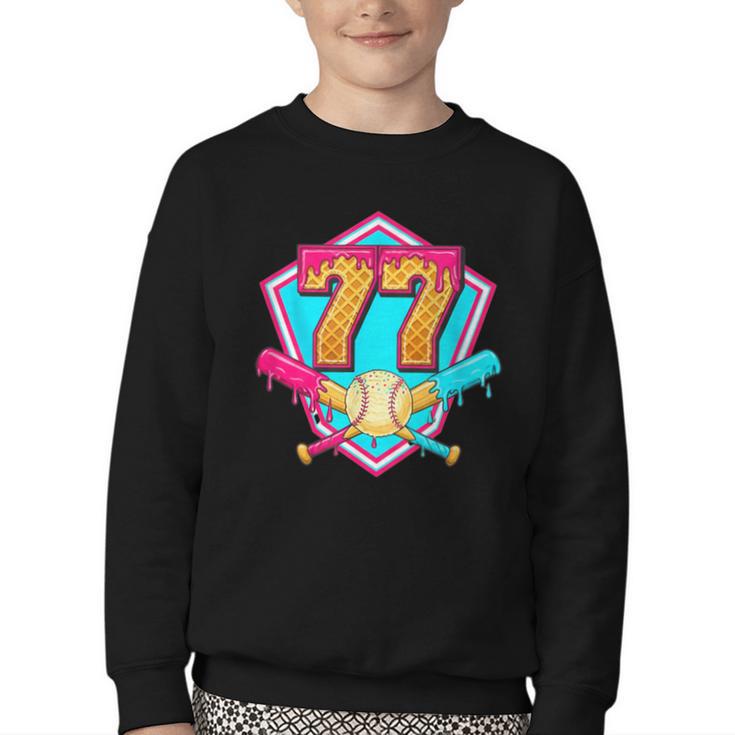 Baseball Drip Jersey Number 77 For Players & 77th Birthday Youth Crewneck Sweatshirt