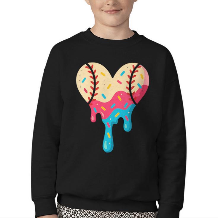 Baseball Drip Melting Ice Cream Baseball Heart Boys Girls Youth Crewneck Sweatshirt