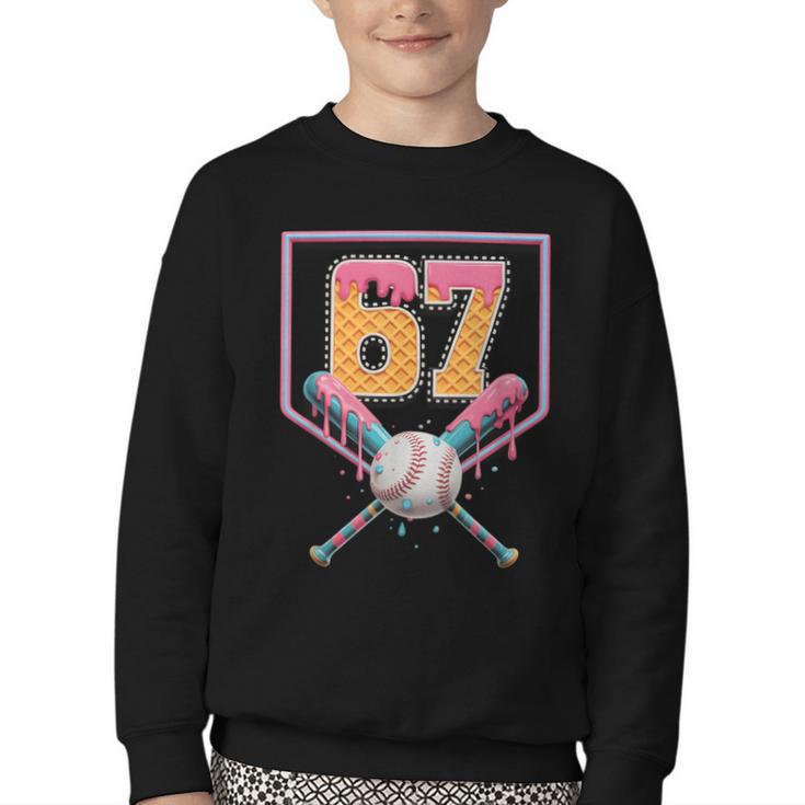Baseball Drip Number 67 Fun Six Seven 6 7 Meme Youth Crewneck Sweatshirt