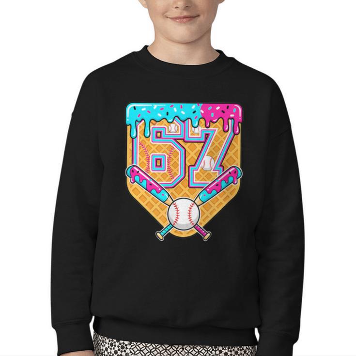 Baseball Drip Number 67 Ice Cream Home Plate Drip Youth Crewneck Sweatshirt