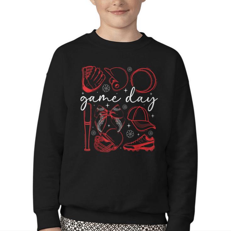 Baseball Game Day Coquette Game Day Baseball Youth Crewneck Sweatshirt