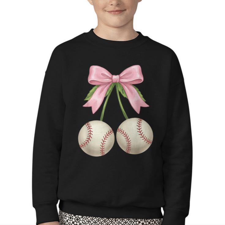 Baseball Girls Women Coquette Pink Bow Baseball Youth Crewneck Sweatshirt