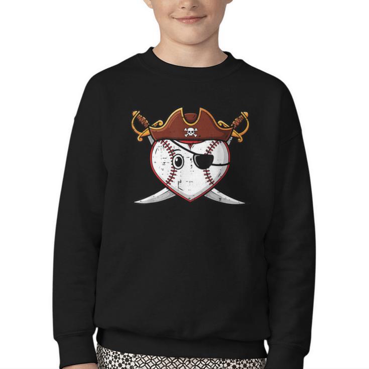 Baseball Heart Pirate Hat Crossed Swords Men Boys Kids Youth Youth Crewneck Sweatshirt