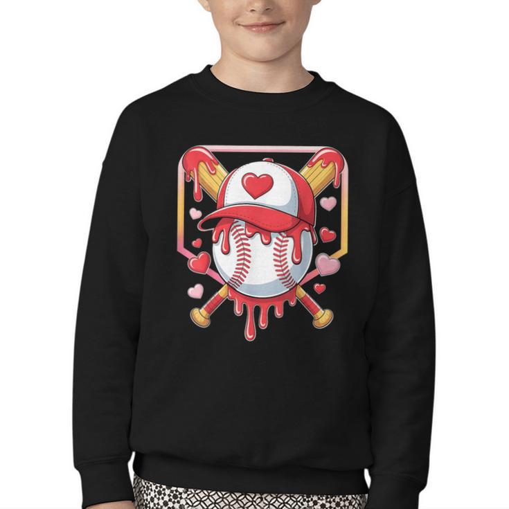 Baseball Heart Valentines Day Baseball Ice Cream Drip Boys Youth Crewneck Sweatshirt