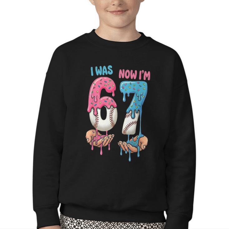 Baseball Ice Cream I Was 6 Now I'm 7 67 Birthday Boy Youth Crewneck Sweatshirt