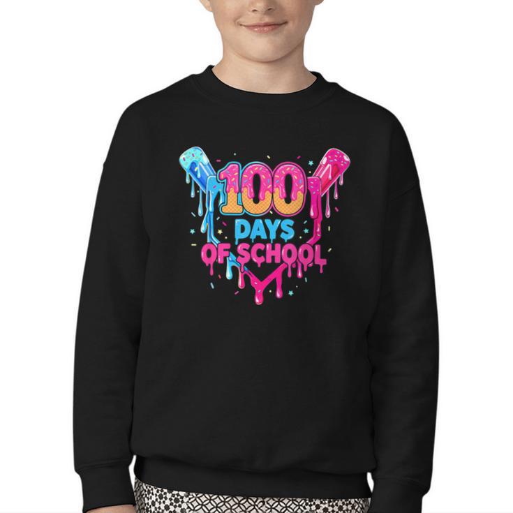 Baseball Ice Cream Drip 100 Days Of School Boys Girls 100th Youth Crewneck Sweatshirt
