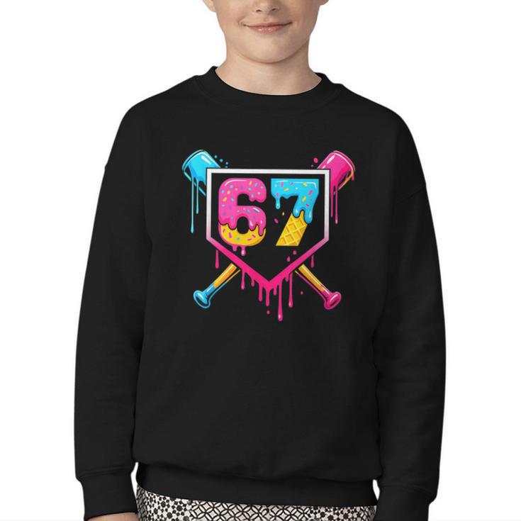 Baseball Ice Cream Drip 67 Meme Six Seven 67th Birthday Youth Crewneck Sweatshirt