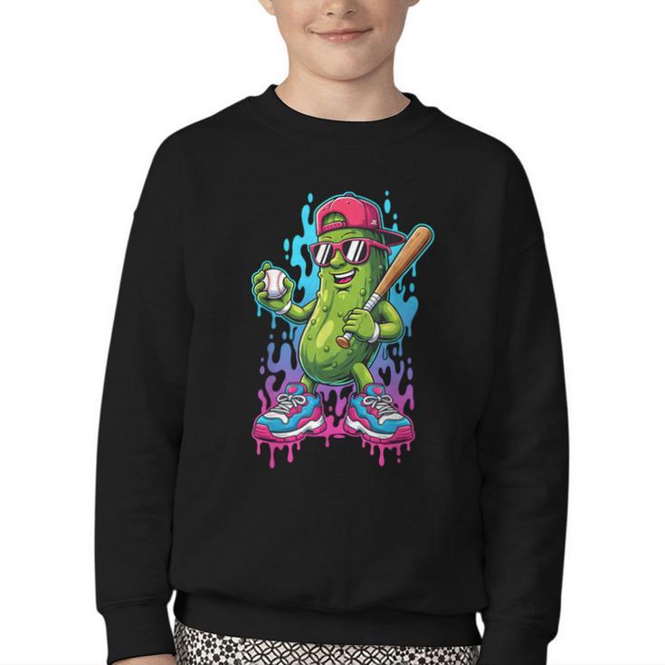 Baseball Ice Cream Drip Boys And Girls Batter Game Day Youth Crewneck Sweatshirt