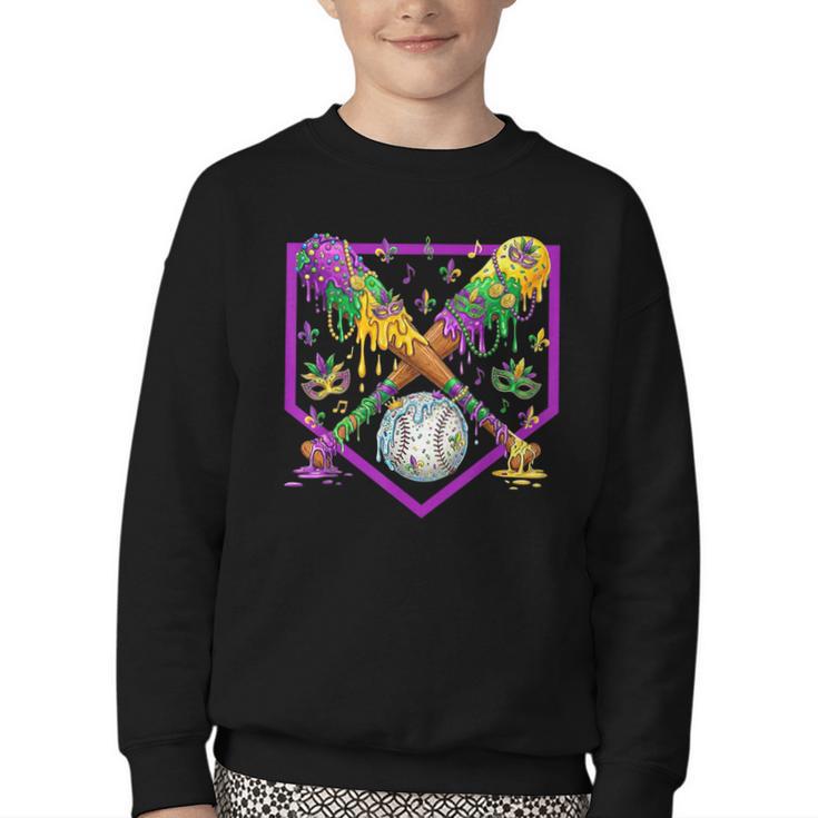 Baseball Ice Cream Drip Boys Mardi Gras Carnival Party Mask Youth Crewneck Sweatshirt