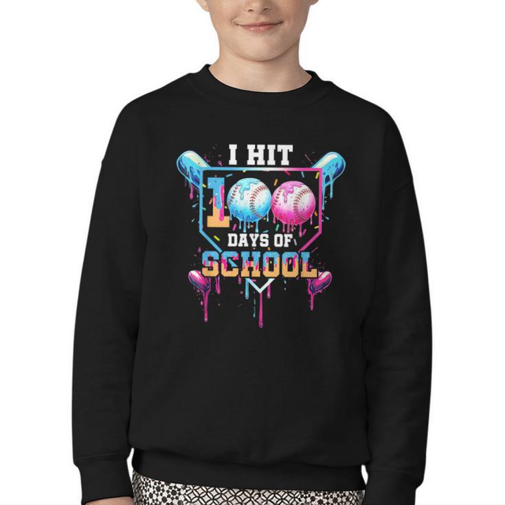 Baseball Ice Cream Drip I Hit 100 Days Of School Boys Kids Youth Crewneck Sweatshirt