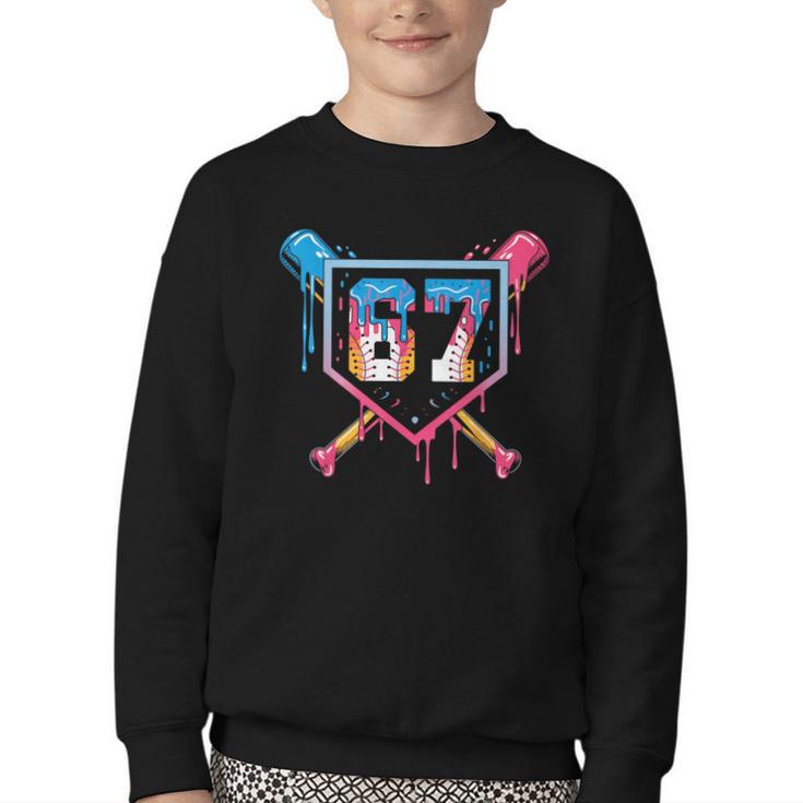 Baseball Ice Cream Drip Number 67 Player 67th Birthday 6 7 Youth Crewneck Sweatshirt